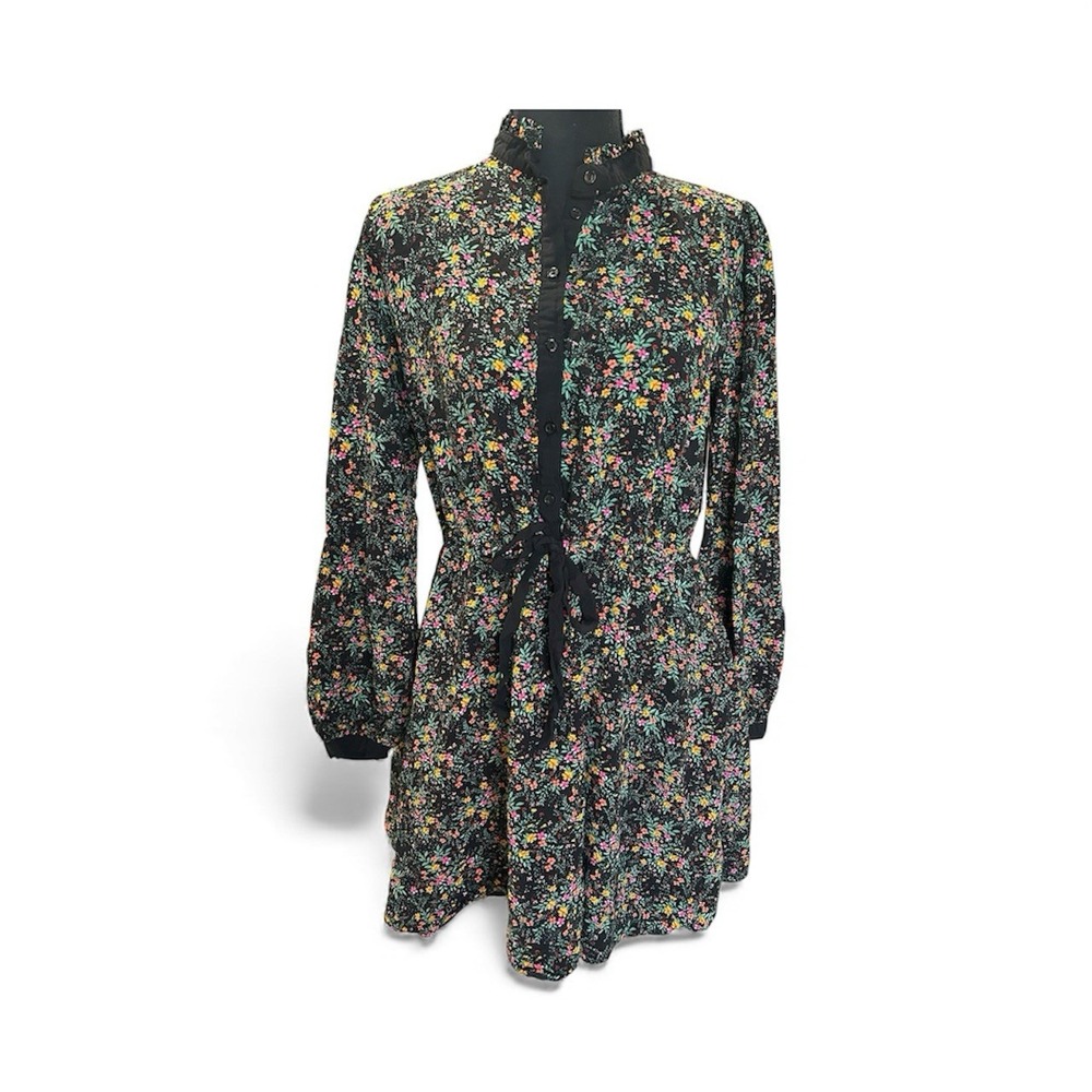 LOST+WANDER Black Floral Print Button Front Tie Waist Long Sleeve Shirt Dress‎ M